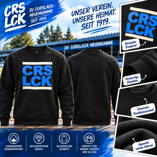 CRS LCK Pullover in Schwarz mit blauem Schriftzug und hellem Kontrastdesign für den SV Curslack-Neuengamme