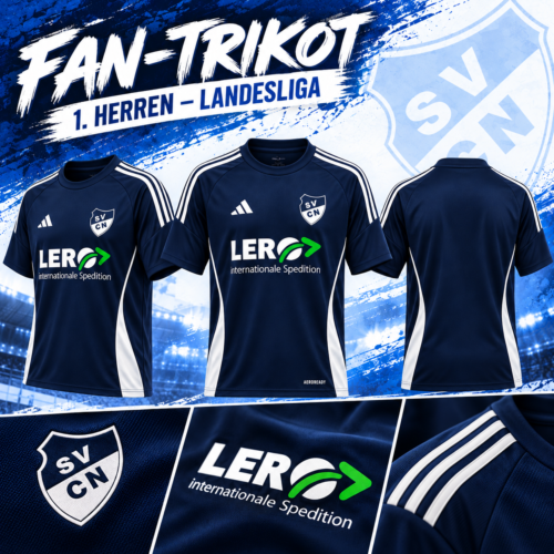 Dunkelblaues SVCN Fan-Trikot der 1. Herren mit weißem Adidas-Design und LERO-Sponsor