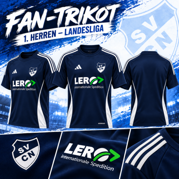 SVCN Fan-Trikot 1. Herren – Landesliga Dunkelblaues SVCN Fan-Trikot der 1. Herren mit weißem Adidas-Design und LERO-Sponsor