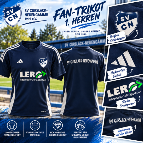 Dunkelblaues Adidas-Fan-Trikot der 1. Herren des SV Curslack-Neuengamme mit goldfarbenen Details, Vereinswappen und LERO-Sponsorprint