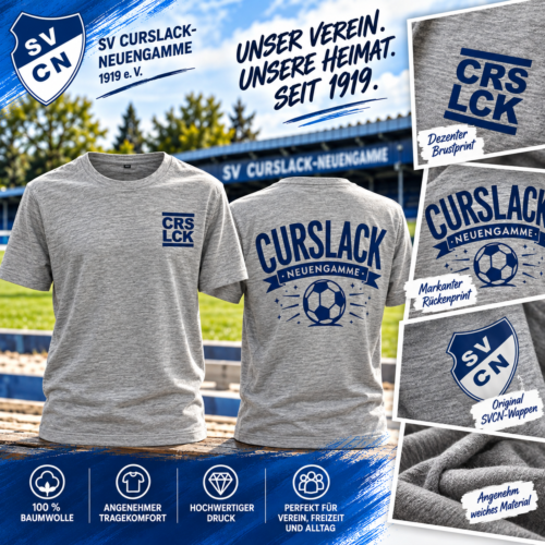 Graues SVCN T-Shirt mit blauem CRS LCK Brustprint und großem Curslack-Neuengamme-Fußballmotiv auf dem Rücken