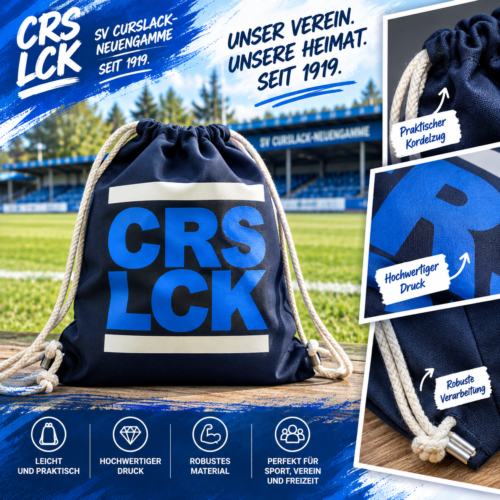 Stilvoller Vereins-Turnbeutel im Stadion CRS LCK Turnbeutel in Navy und Blau mit Schriftzug des SV Curslack-Neuengamme